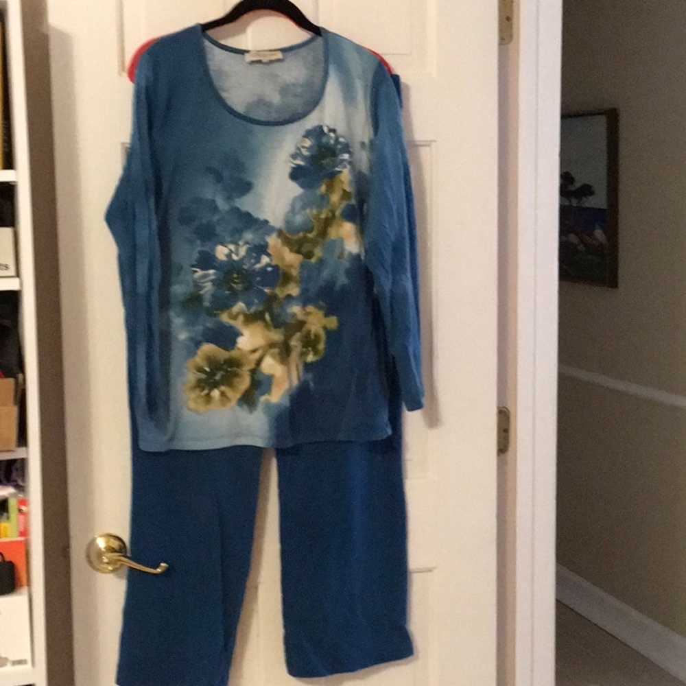 EUC,JONES NY WOMAN SZ 1X, TEAL COTTON,LONG SLEEVE/STRAIGHT LEG PULL ON PANT. - Picture 1 of 9